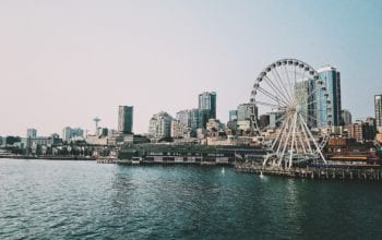 Bay view of Seattle Ferris Wheel and Buildings | Dockside Cannabis